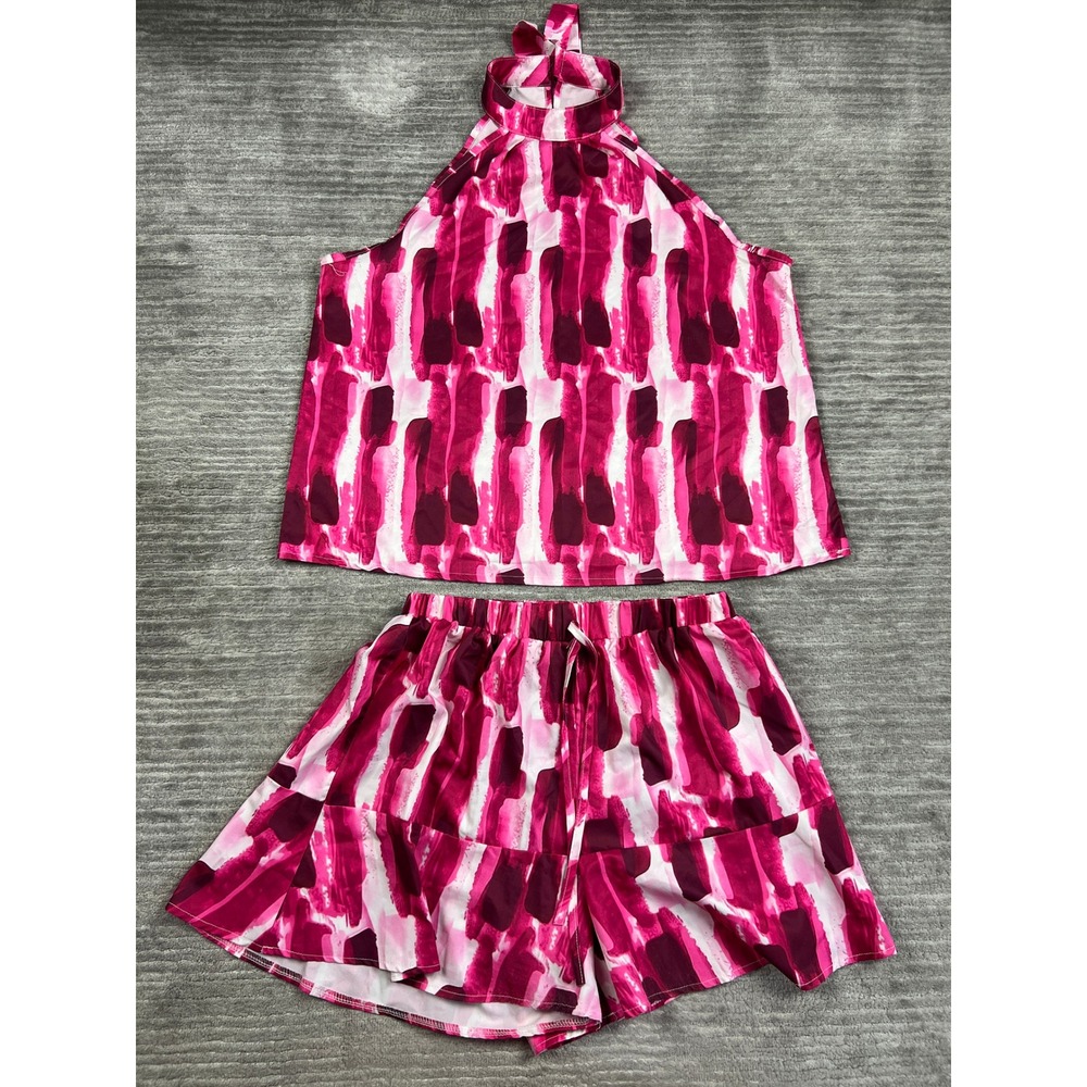 Unbranded 2-Piece Set Women XXL Pink Abstract Halter Top Ruffle Shorts Co-ord